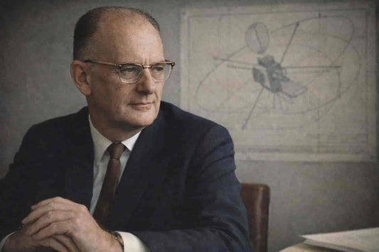 Arthur C. Clarke in a vintage-style portrait, seated in a study with a faint satellite blueprint behind him, reflecting his work in space science and speculative fiction