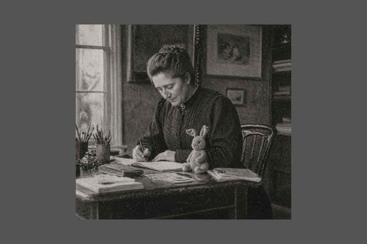 Beatrix Potter seated at a desk in a period study, writing or illustrating, with a small Peter Rabbit figure beside her