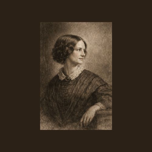 Vintage style black and white portrait of Charlotte Brontë in Victorian-era dress