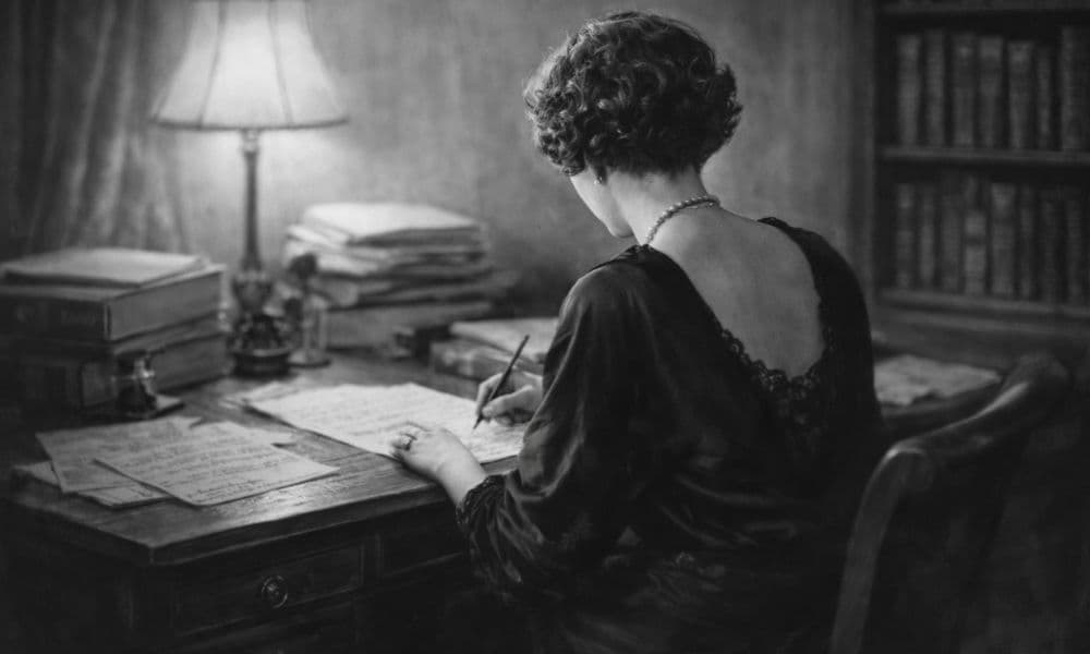 Black-and-white illustration of Georgette Heyer writing at her desk, viewed from behind, evoking the period atmosphere of her literary work