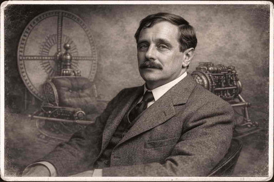 Portrait of H. G. Wells with a Victorian time machine in the background