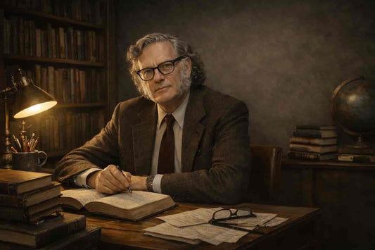 Portrait of Isaac Asimov sitting at a wooden desk in a book-lined study, writing notes in an open notebook under a desk lamp