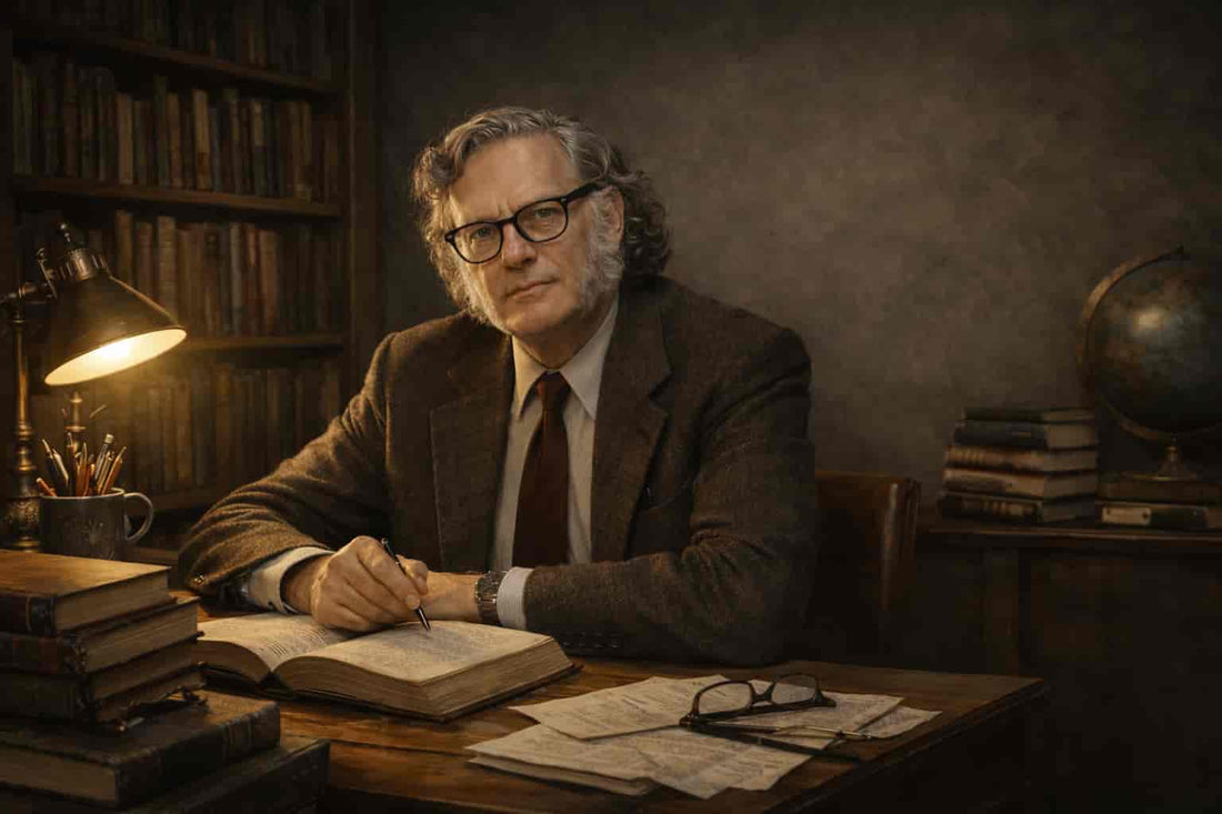 Portrait of Isaac Asimov sitting at a wooden desk in a book-lined study, writing notes in an open notebook under a desk lamp