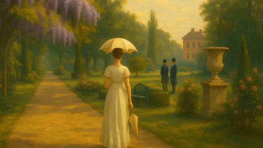Jane Austen Inspired Books – Regency Garden Scene with Lady and Parasol