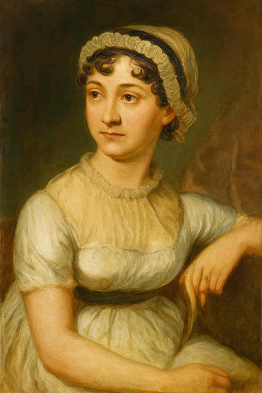 Portrait painting of Jane Austen in a cream Regency dress, seated and looking to the side, representing the famous English novelist of the early 19th century