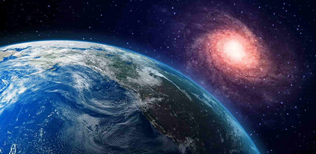Earth in space with a spiral galaxy, illustrating time travel science, spacetime, and relativity