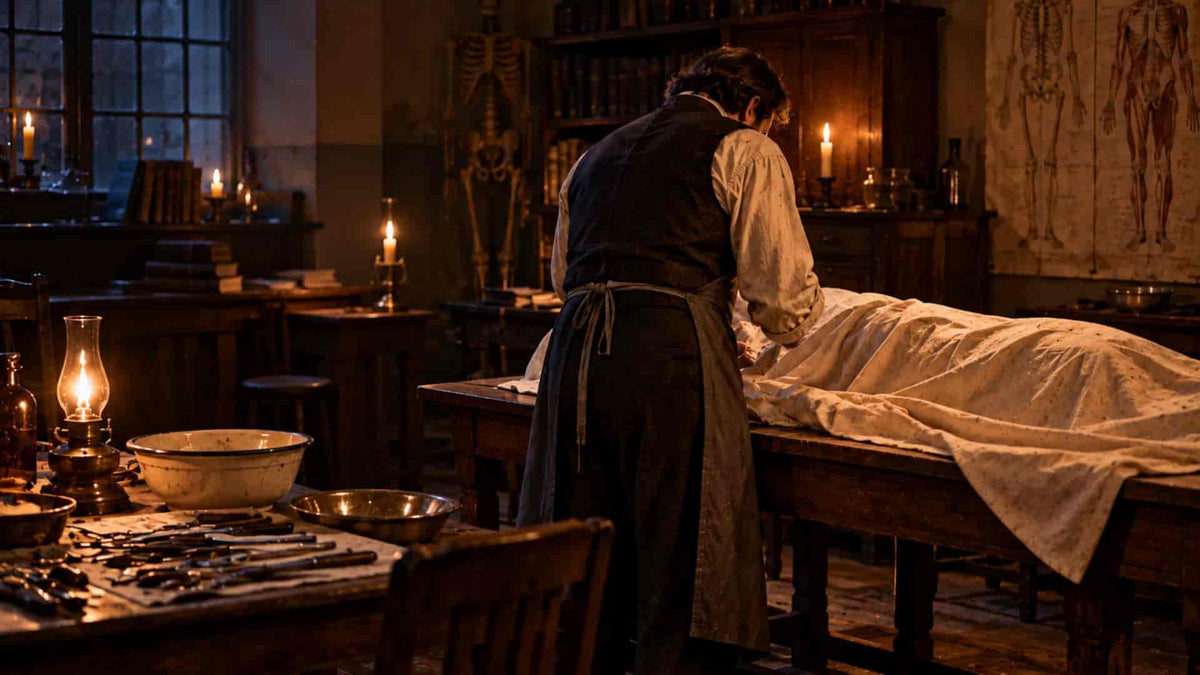 Anatomist preparing a body for dissection by candlelight in an early nineteenth-century anatomy room.