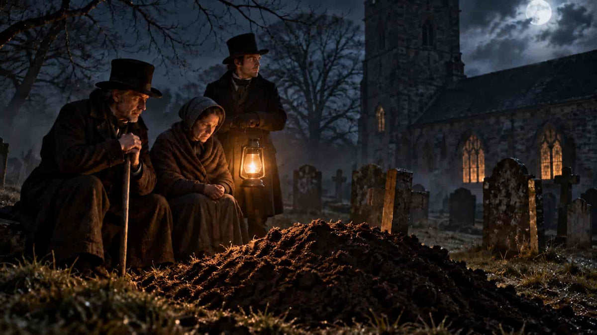 Three people in dark Victorian-era clothing stand and sit in a graveyard at night beside a freshly dug grave, holding a lantern in front of a church and full moon.