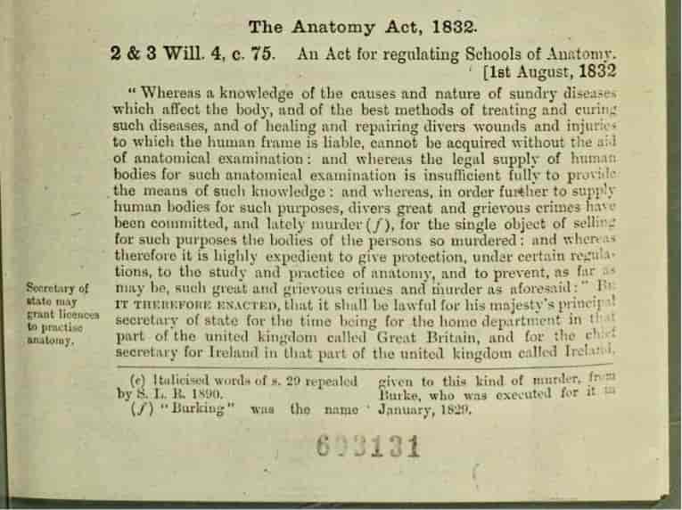 A scanned vintage paper page from the UK's The Anatomy Act, 1832, showing black printed text on aged, yellowed paper.