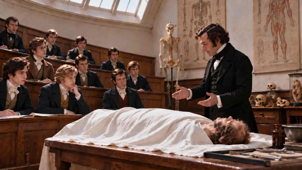 Nineteenth-century medical students watch an anatomy lecture as a surgeon stands beside a covered body in a wooden lecture theatre.