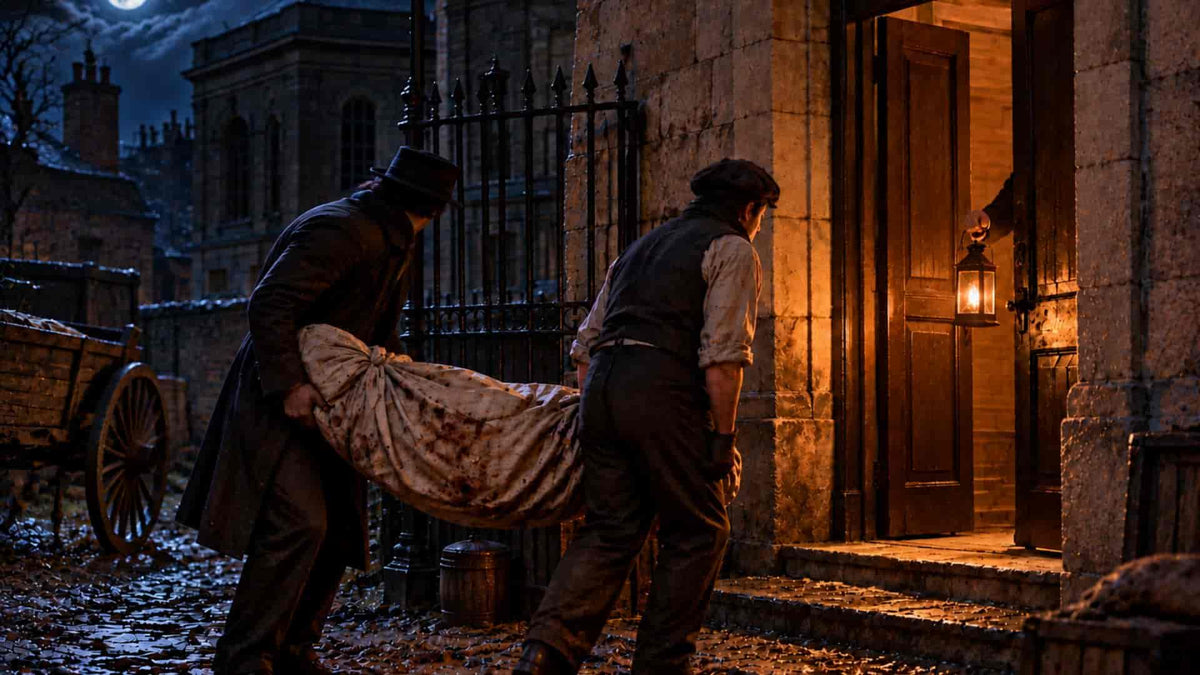 A dramatic historical scene at night showing two men carrying a blood-stained body covered with a tattered shroud outside a stone building with a lit doorway.