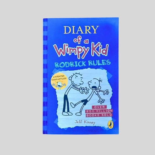The cover of the children's book called Diary of a Wimpy Kid Rodrick Rules showing Greg and Rodrick Heffley illustrated on a blue background