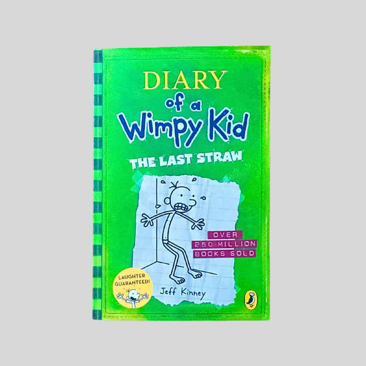 The front cover of the children's book called Diary of a Wimpy Kid The Last Straw showing Greg Heffley against a bright green background