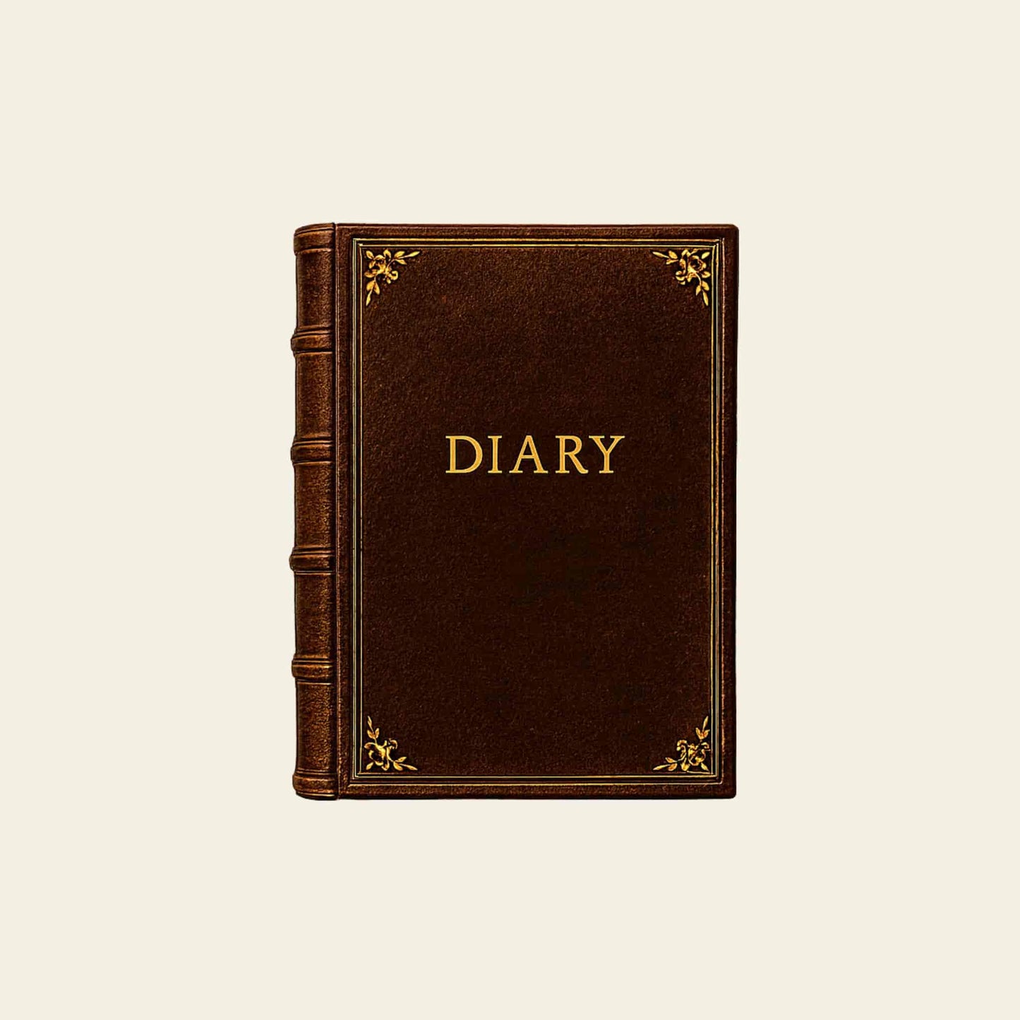 A brown leather diary with gold embossed text and decorative gold corners on a cream background