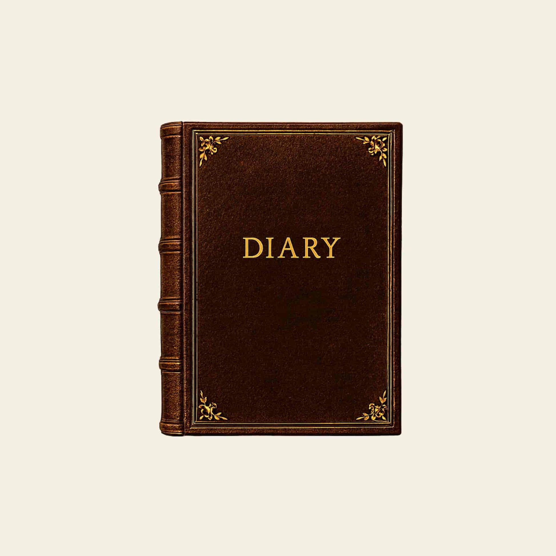 A brown leather diary with gold embossed text and decorative gold corners on a cream background