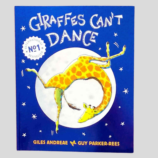 Cover of the children's book "Giraffes Can't Dance" by Giles Andreae and Guy Parker-Rees, featuring a dancing giraffe against a moonlit sky