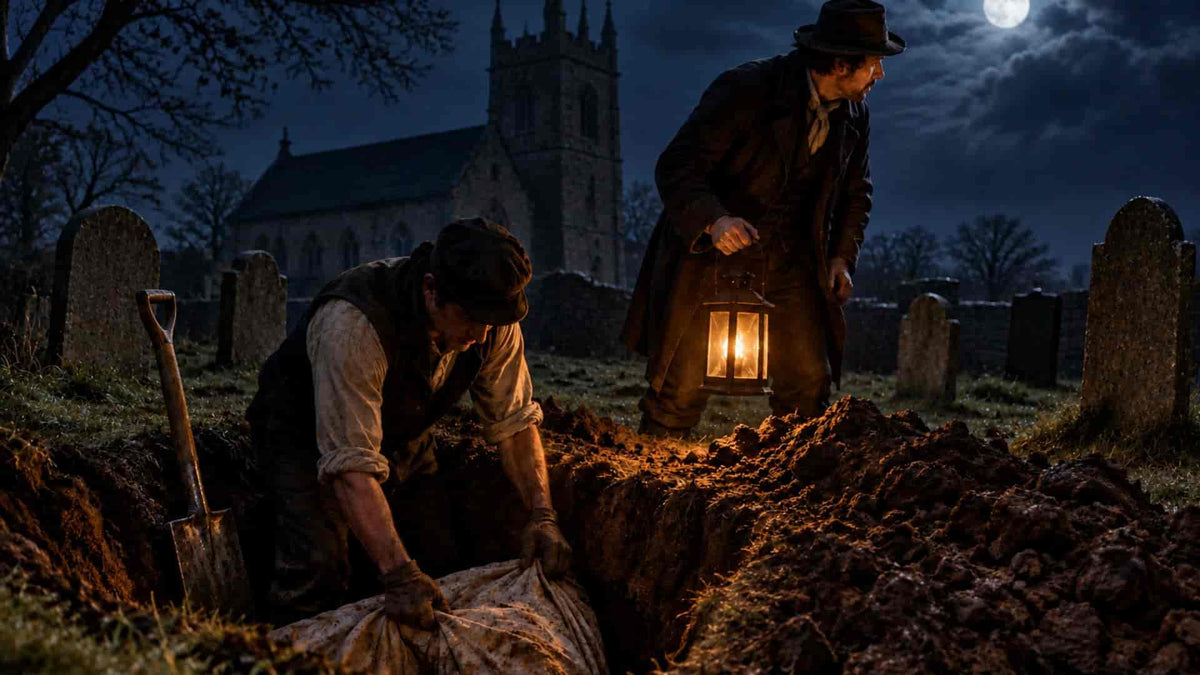 Grave robbers and body snatchers stealing a body from a churchyard grave in early 19th-century Britain