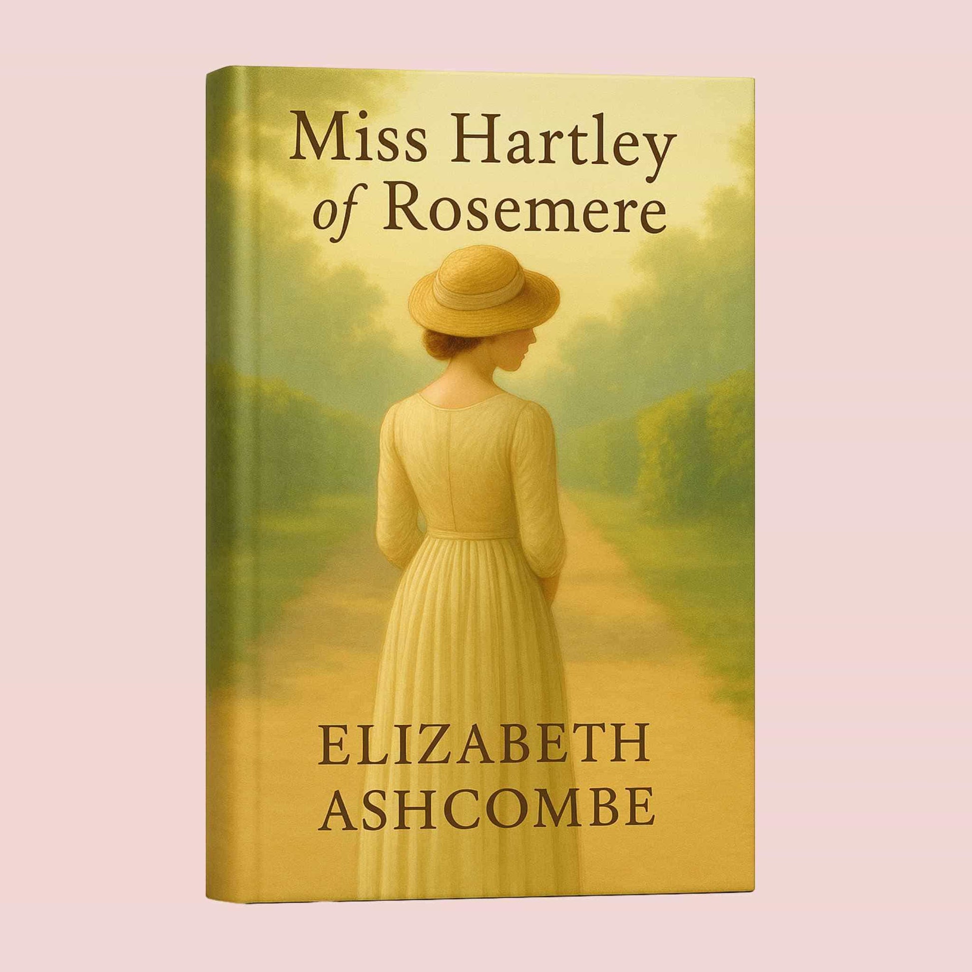 3D book cover of Miss Hartley of Rosemere by Elizabeth Ashcombe on a soft blush pink background with a romantic Regency tone