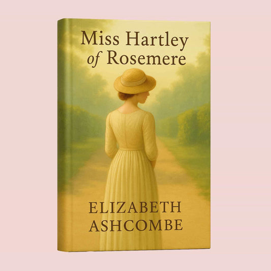 3D book cover of Miss Hartley of Rosemere by Elizabeth Ashcombe on a soft blush pink background with a romantic Regency tone