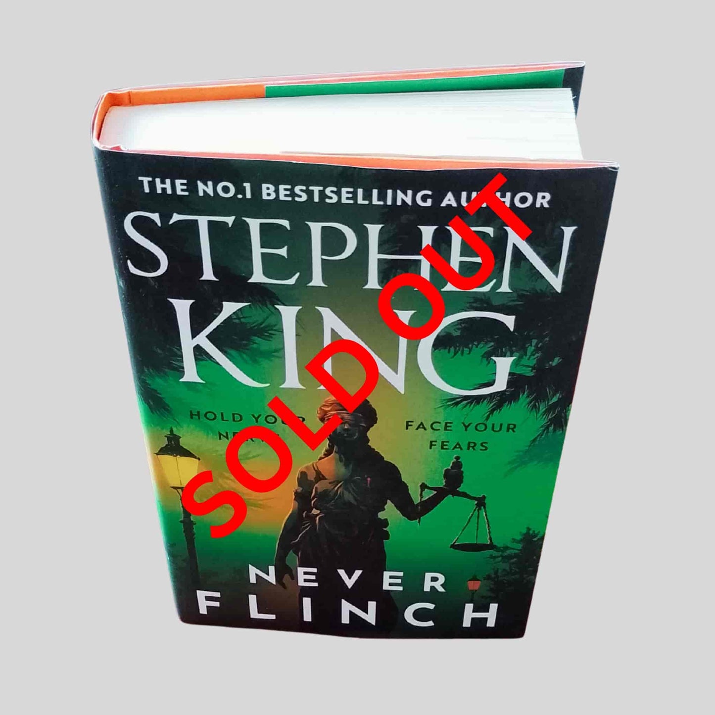 Book titled 'Never Flinch' by Stephen King with red 'SOLD OUT' text overlay 