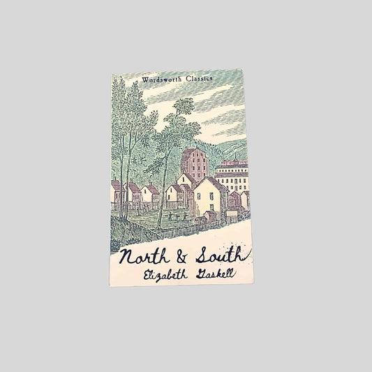 Paperback edition of North and South by Elizabeth Gaskell, Wordsworth Classics cover featuring an illustrated nineteenth-century industrial town with houses, mills, and trees