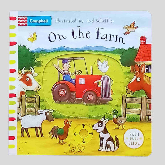 Front cover of On the Farm by Campbell Books and Axel Scheffler showing animals, a red tractor, and a farmer in a cartoon countryside