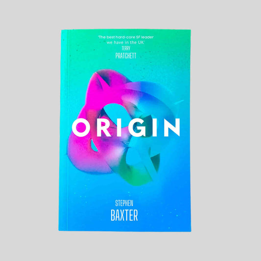 Book cover of 'Origin' by Stephen Baxter with a colourful abstract design