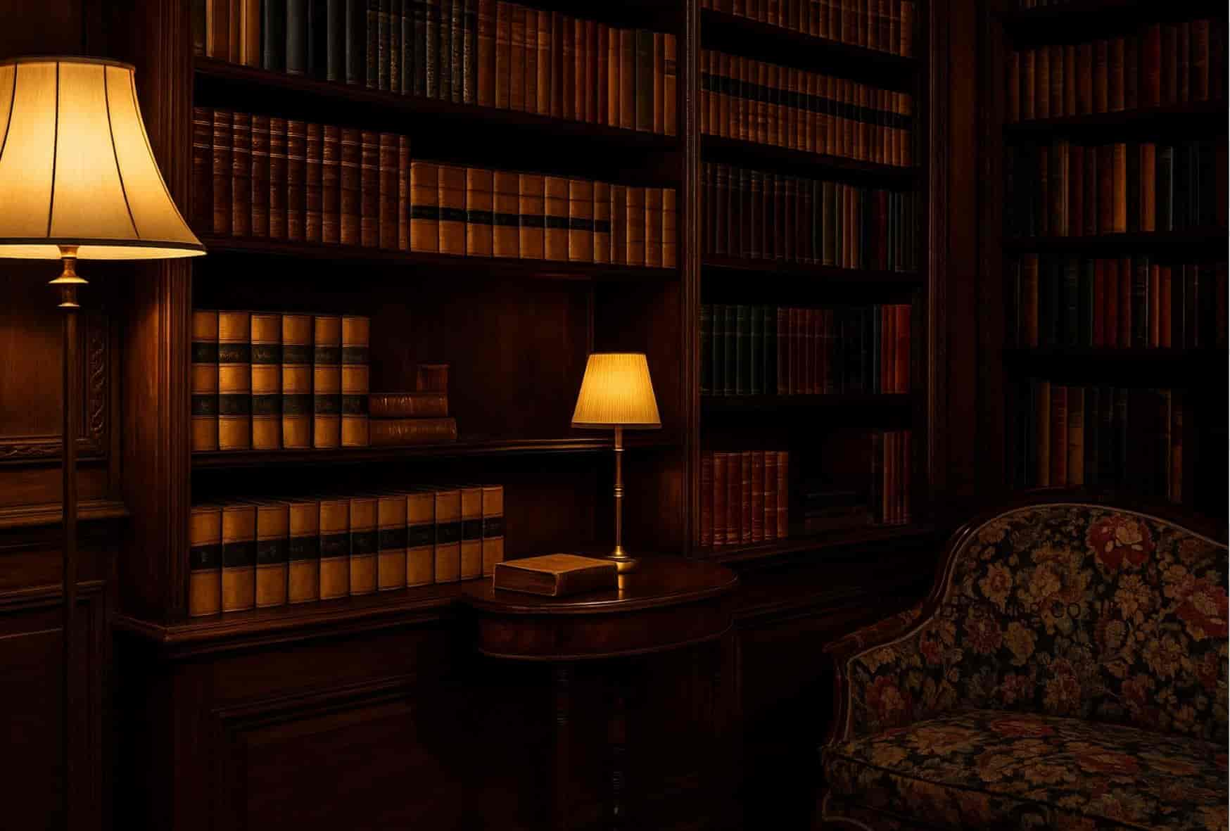 Library with antique bookshelves, vintage floral settee, classic table and lamp — homepage image for TAWPublishing.co.uk