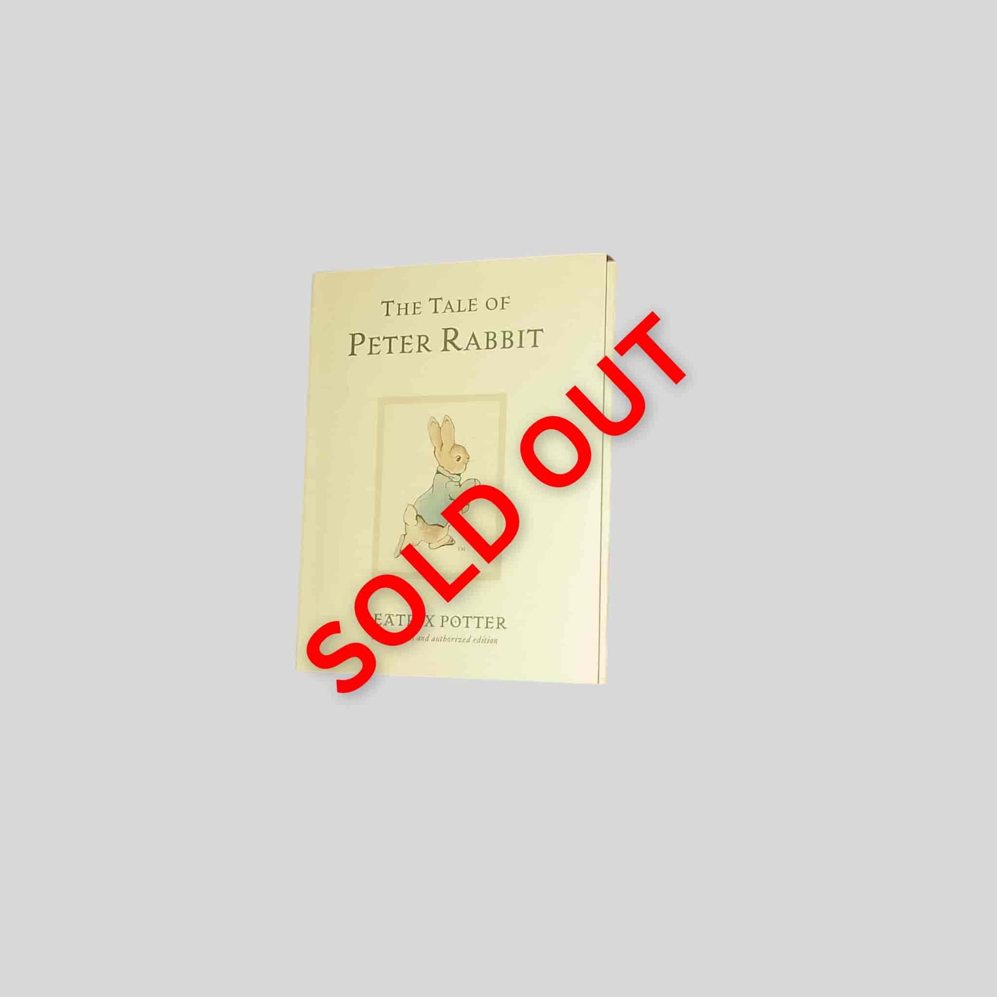 Book titled 'The Tale of Peter Rabbit' with a 'SOLD OUT' label on a grey background