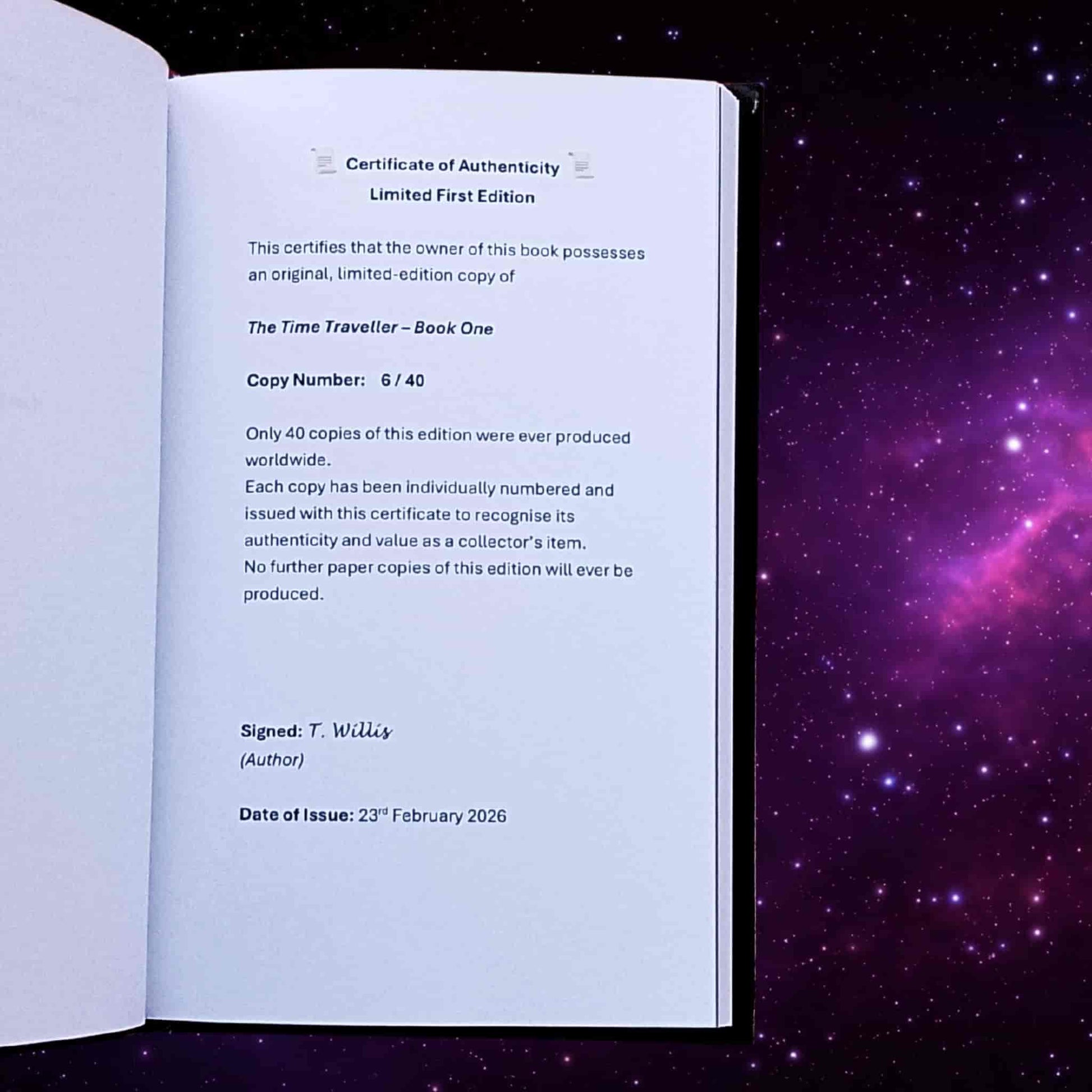 Certificate of Authenticity page from the limited edition Book One of The Time Traveller on a purple starry space-themed background