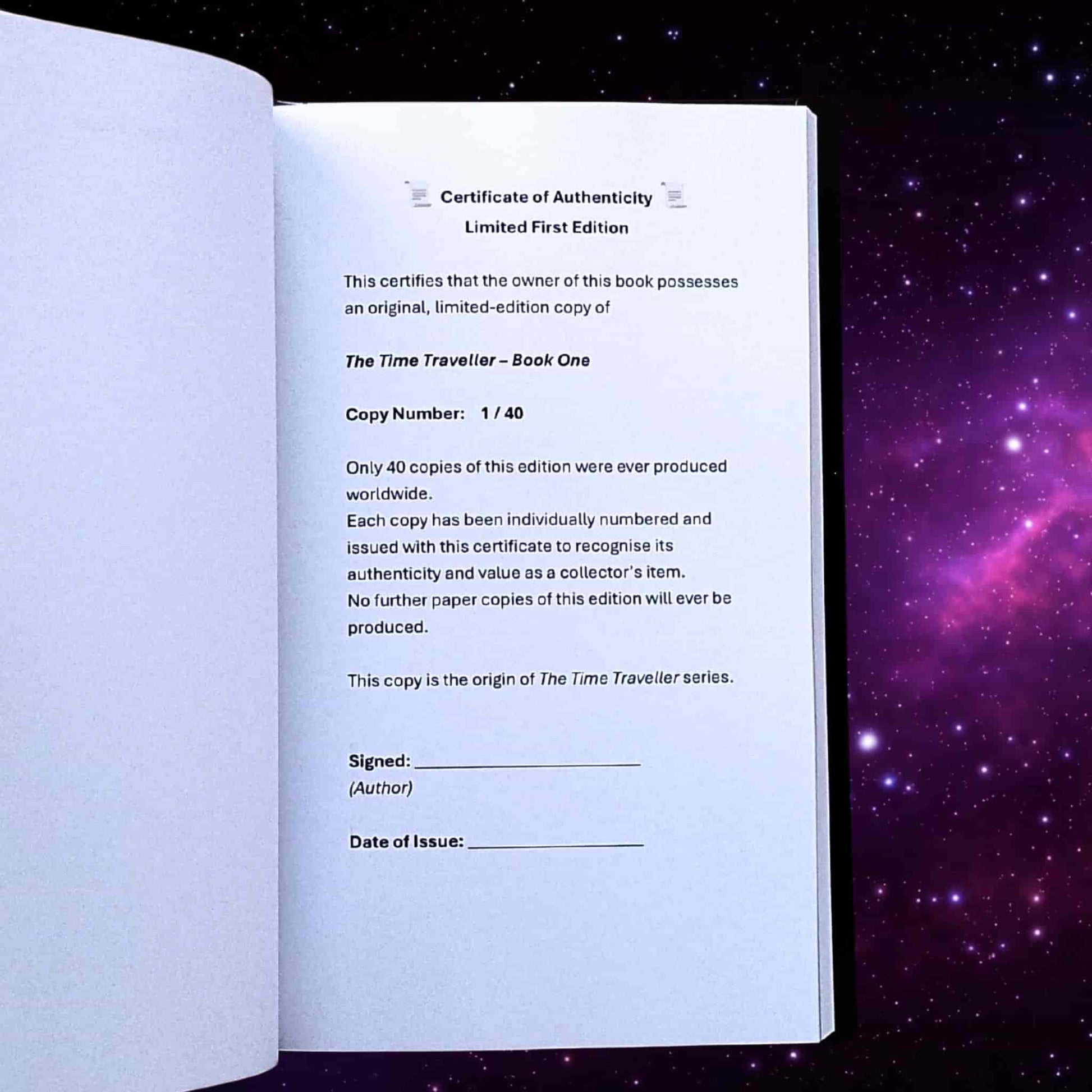Interior page of The Time Traveller Book One limited edition hardback showing the printed Certificate of Authenticity on a white page against a starry cosmic background