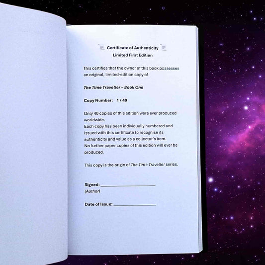 Interior page of The Time Traveller Book One limited edition hardback showing the printed Certificate of Authenticity on a white page against a starry cosmic background