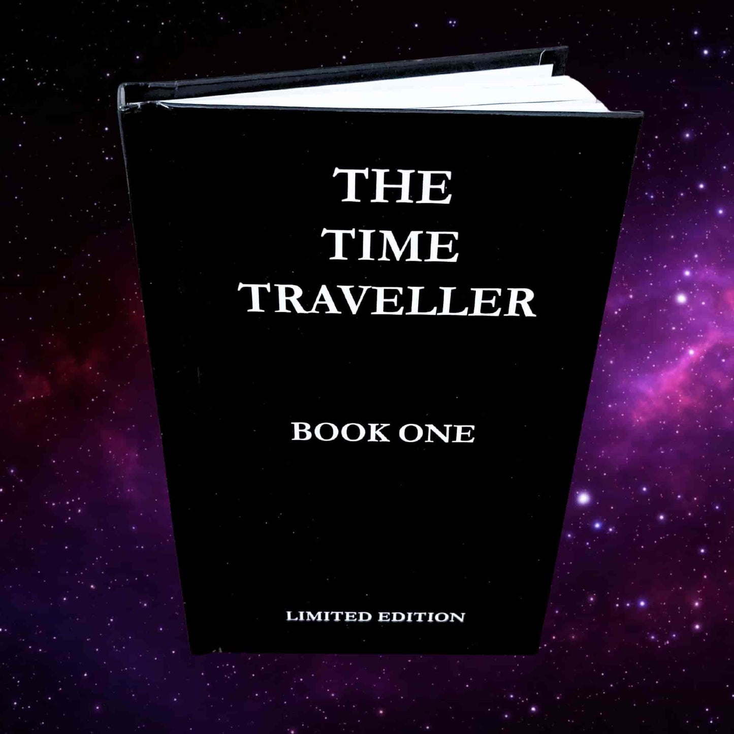 Hardback cover of The Time Traveller: Book One limited edition, showing a black book with white lettering set against a star-filled space background