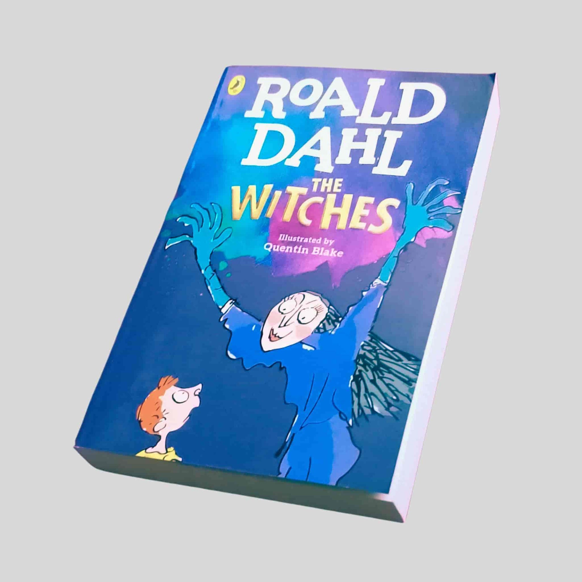 Roald Dahl's The Witches – paperback children's book with a cartoon witch and a boy on a blue cover, illustrated by Quentin Blake